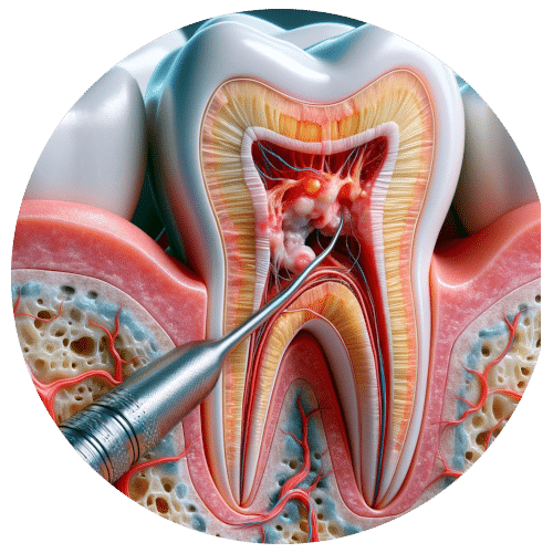 Das Bild zeigt die Illustration eines Zahns mit einer Zahnwurzelentzündung und dient als Titelbild für das Thema "Wurzelkanalbehandlung".